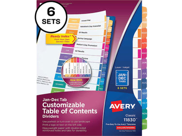 Avery Jan-Dec 12 Tab Dividers for 3 Ring Binders, Customizable Table of Contents, Multicolor Tabs, 6 Sets (11830)